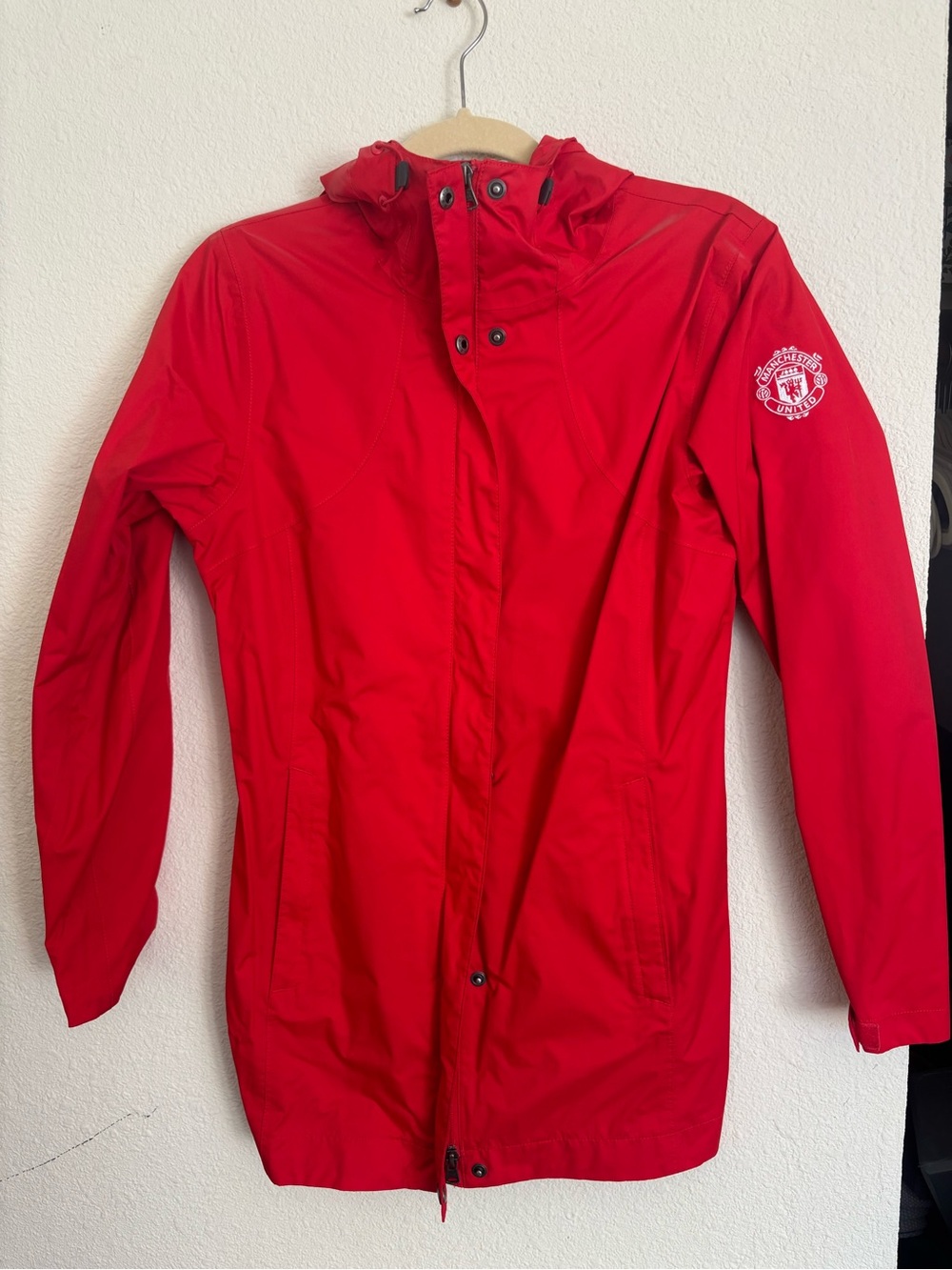 Columbia Red Hooded Trench Coat with Sleeve Crest